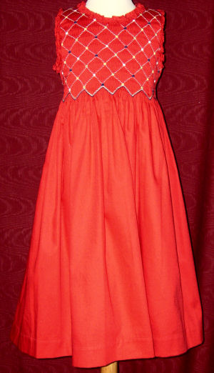 Hand Smocked Whole Bodice High Yoke Red Dress - Leah_ FREE Shipping Sz 1 to 12