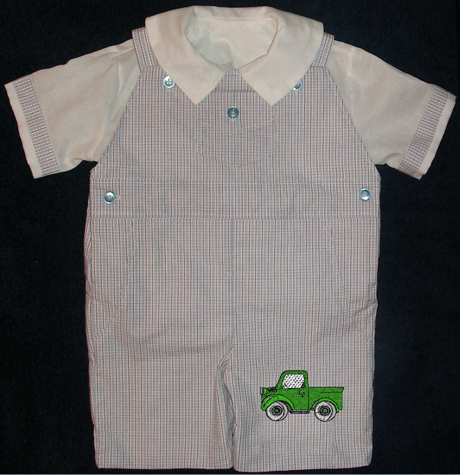 Machine Embroidered Pickup Truck Boys Shortall - Romper - Playsuit - Overall - Dungaree FREE Shipping