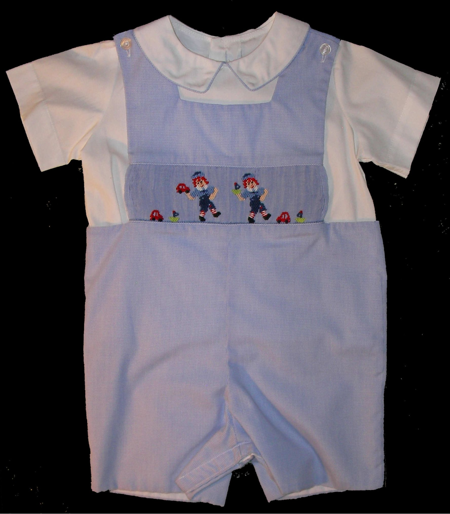 Raggedy_Andy Boys Blue Shortall Picture Smocking Insert Boys Romper Shirt Set FREE Shipping