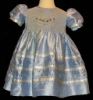 Hand Smocked Blue Silk Dress – Free Bow - Mildred _ FREE Shipping Sz 1 to 9